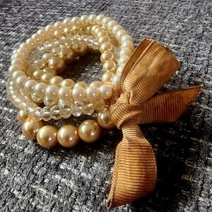 Vintage Pearl and Gold Beaded Bracelet with Ribbon